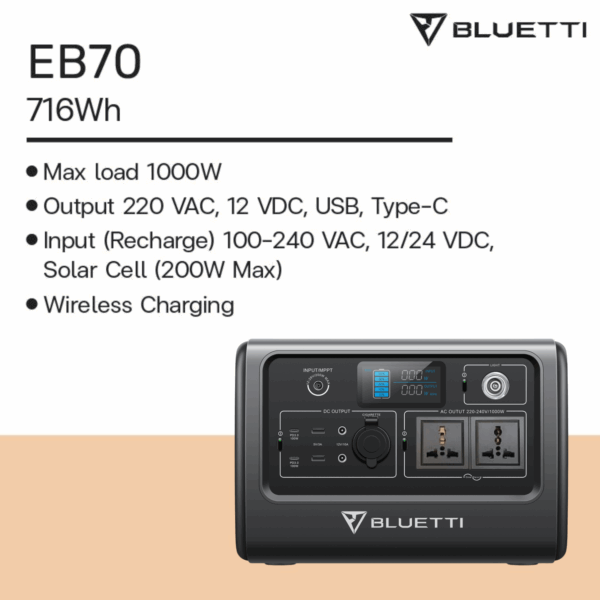 Bluetti EB70 Portable Power Station ความจุ 1000W/716Wh (22,4V, 32Ah) - Image 14