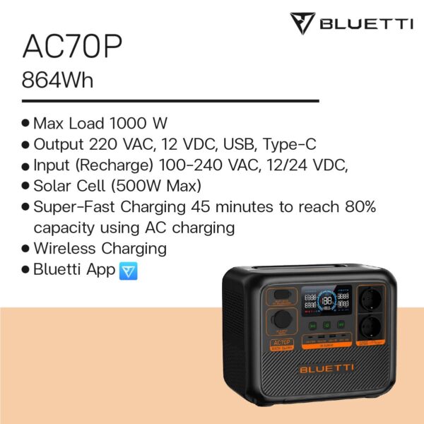BLUETTI AC70P Portable Power Station 1000W 864Wh (4.5A) - Image 8